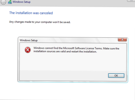 Licenčne pogodbe ni bilo mogoče najti - napaka pri namestitvi sistema Windows