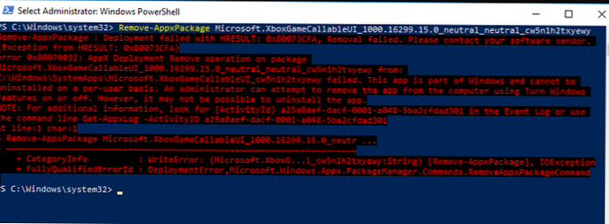 Při odinstalaci integrovaných aplikací systému Windows 10 došlo k chybě 0x80073CFA