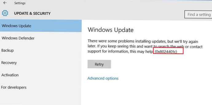 Při hledání aktualizací na serveru WSUS došlo k chybě 0x8024401c v systému Windows 10