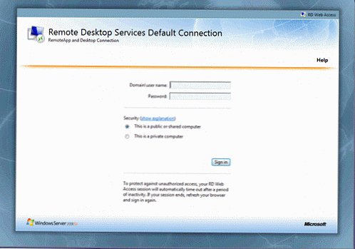 Webový prístup k službám vzdialenej pracovnej plochy na Windows Server 2008 R2