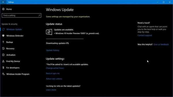 Nadgradnja rešitev na sistem Windows 10 Build 15007 stane 0%