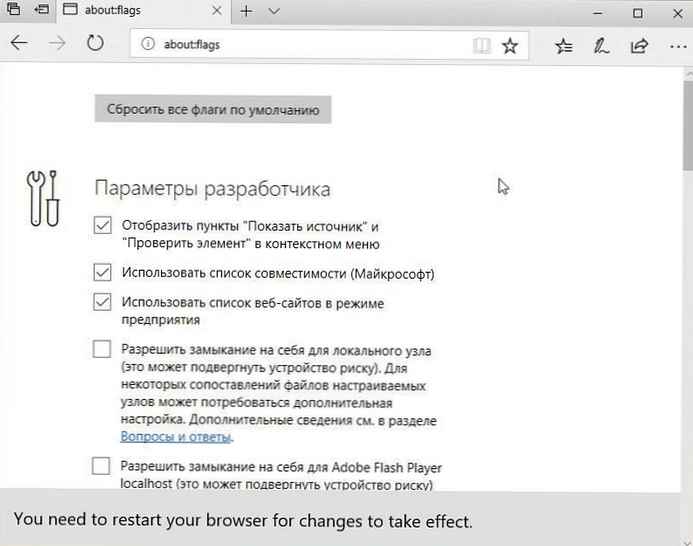 Stran z nastavitvami programa Microsoft Edge aboutflags.