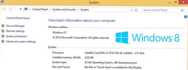 Odstranimo omejitev 4 GB pomnilnika v 32-bitnem sistemu Windows 8 / 8.1