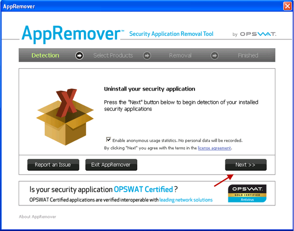 Odstranění antivirových stop pomocí AppRemover
