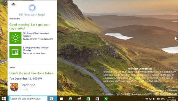 Cortana di Windows 10 build 9901