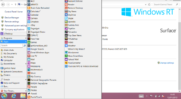 Klasyczne menu Start i wyłącz Menu Start na tabletach z systemem Windows RT