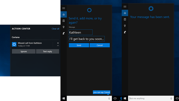 Windows 10 Cortana wyśle ​​SMS-a i powiadomi o nieodebranych połączeniach