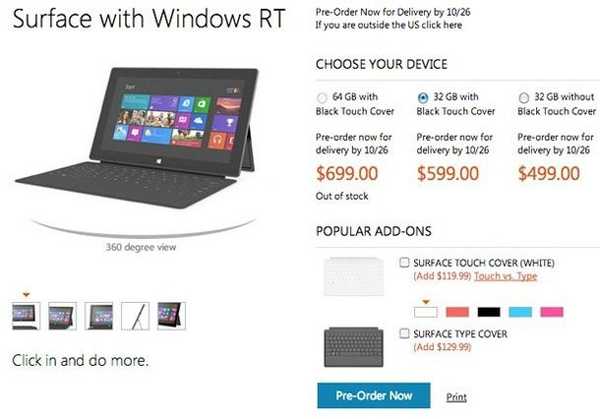 A Microsoft Surface RT ára 499 USD a 32 GB-os verzióért és 599 USD a 64 GB-os verzióért