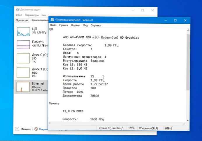 Windows 10 Task Manager, salin informasi dari tab Performance dan simpan sebagai teks.