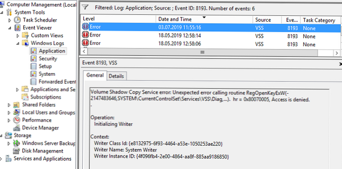 Oprava chyby VSS EventID 8193 v systému Windows Server 2016