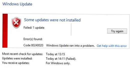 Chyba aktualizace systému Windows 10 - kód 80240020